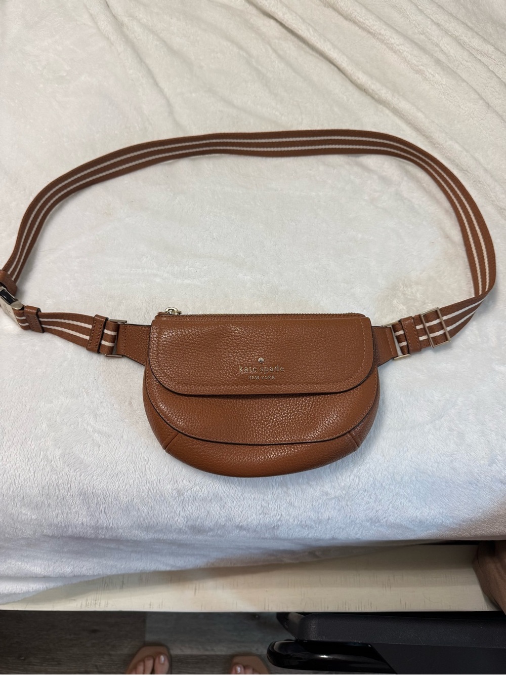 kate spade tan pebbled leather crossbody belt bag with striped strap